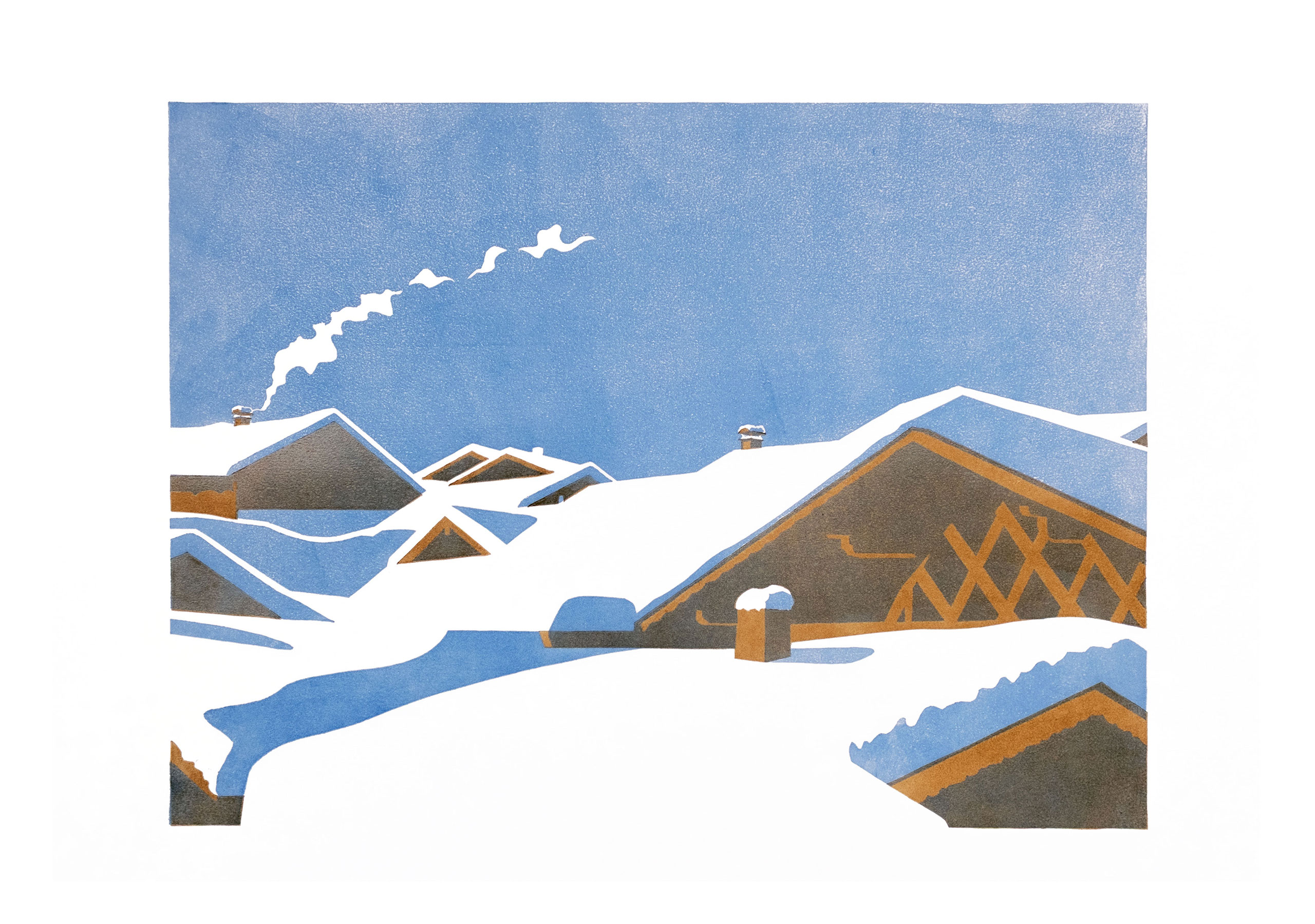 Holzschnitt Schneedächer von Reinhard Blumenschein