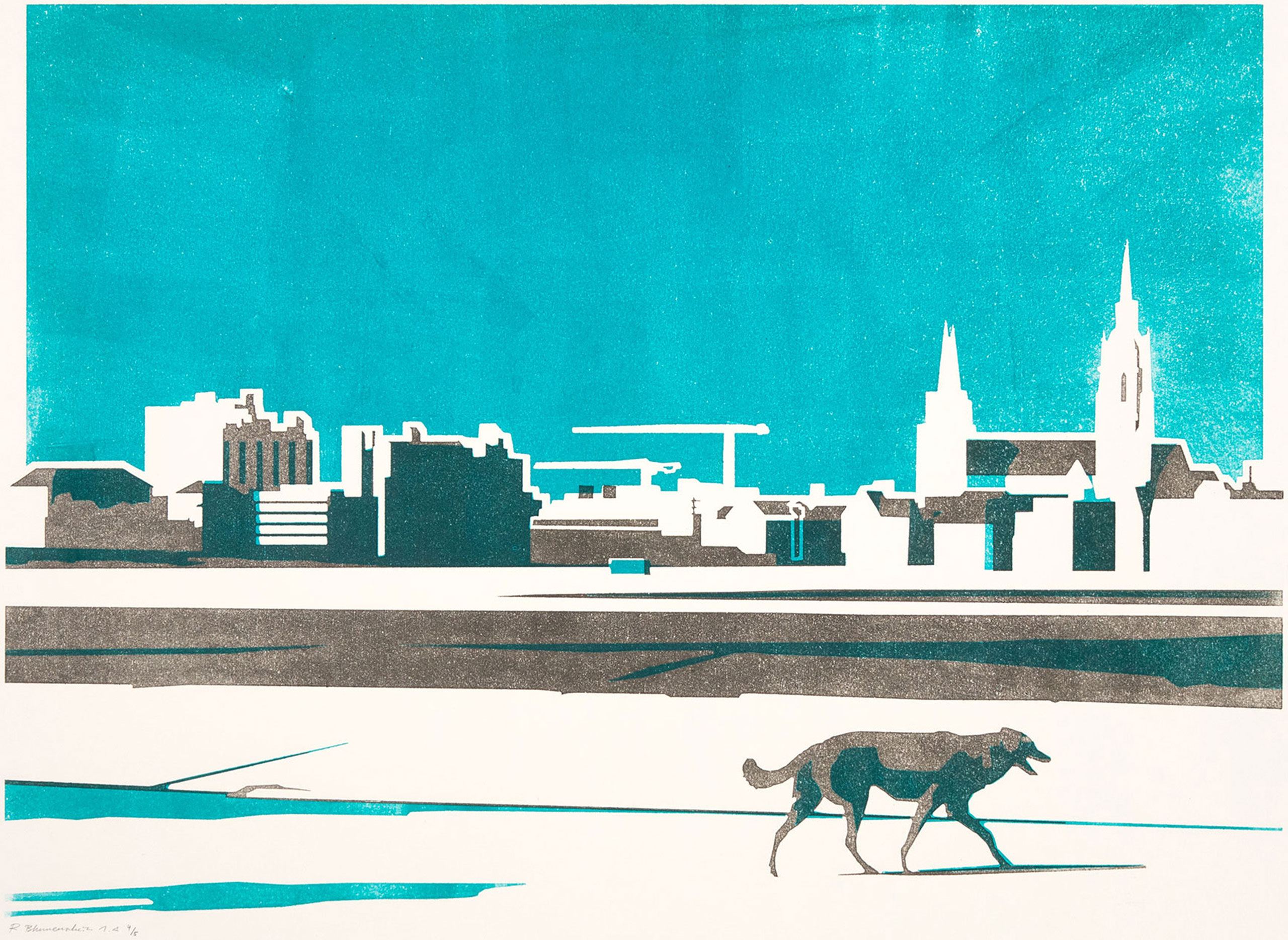 Farbholzschnitt: "St. Paul - Stadtsilhouette mit Hund". Künstlerische Druckgrafik in limitierter Auflage von Reinhard Blumenschein