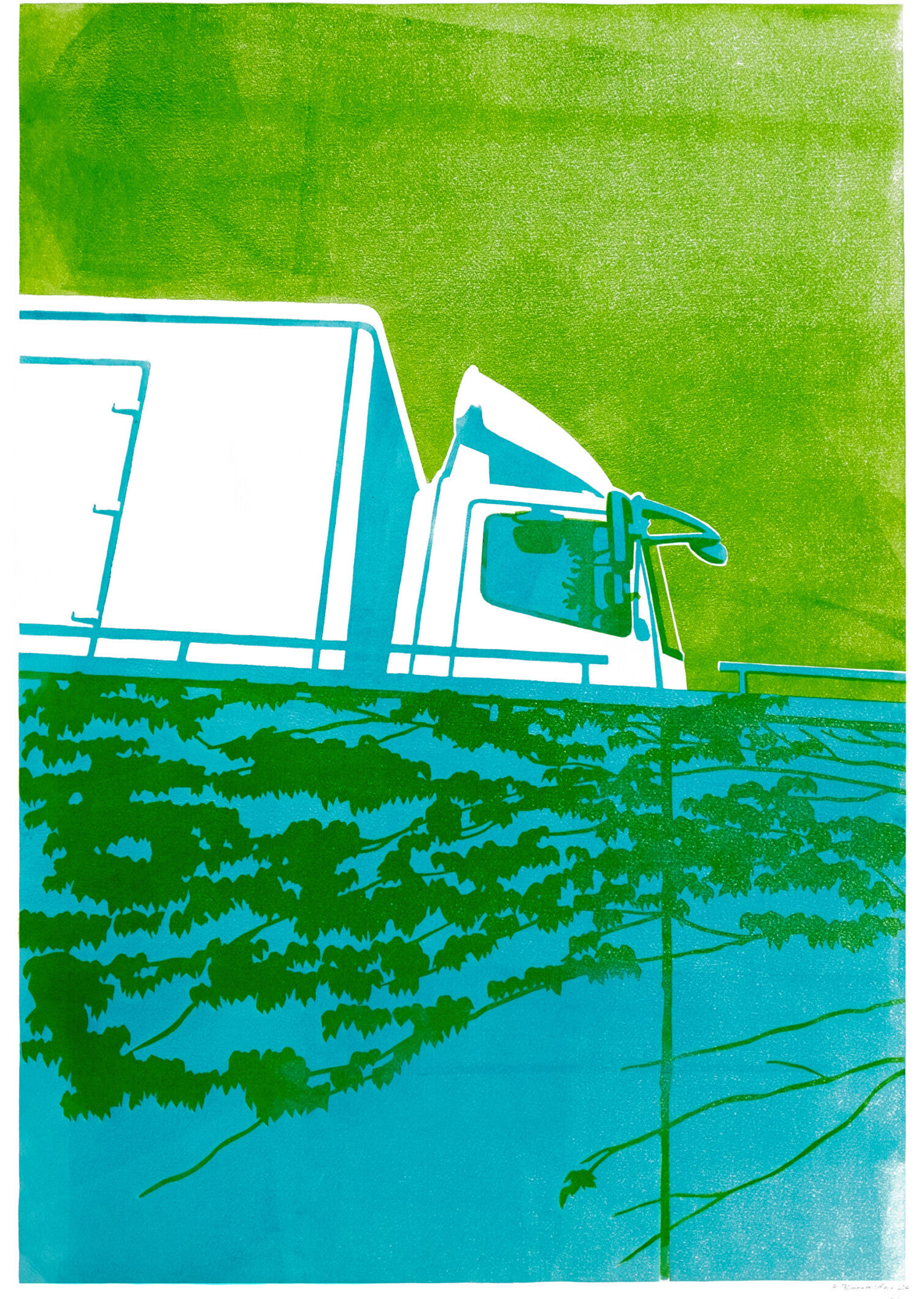 LKW, Zweifarbiger Holzschnitt 80 x 120 cm, gedruckt auf 250 gr/qm Hahnemühle, Auflage: 7 Drucke