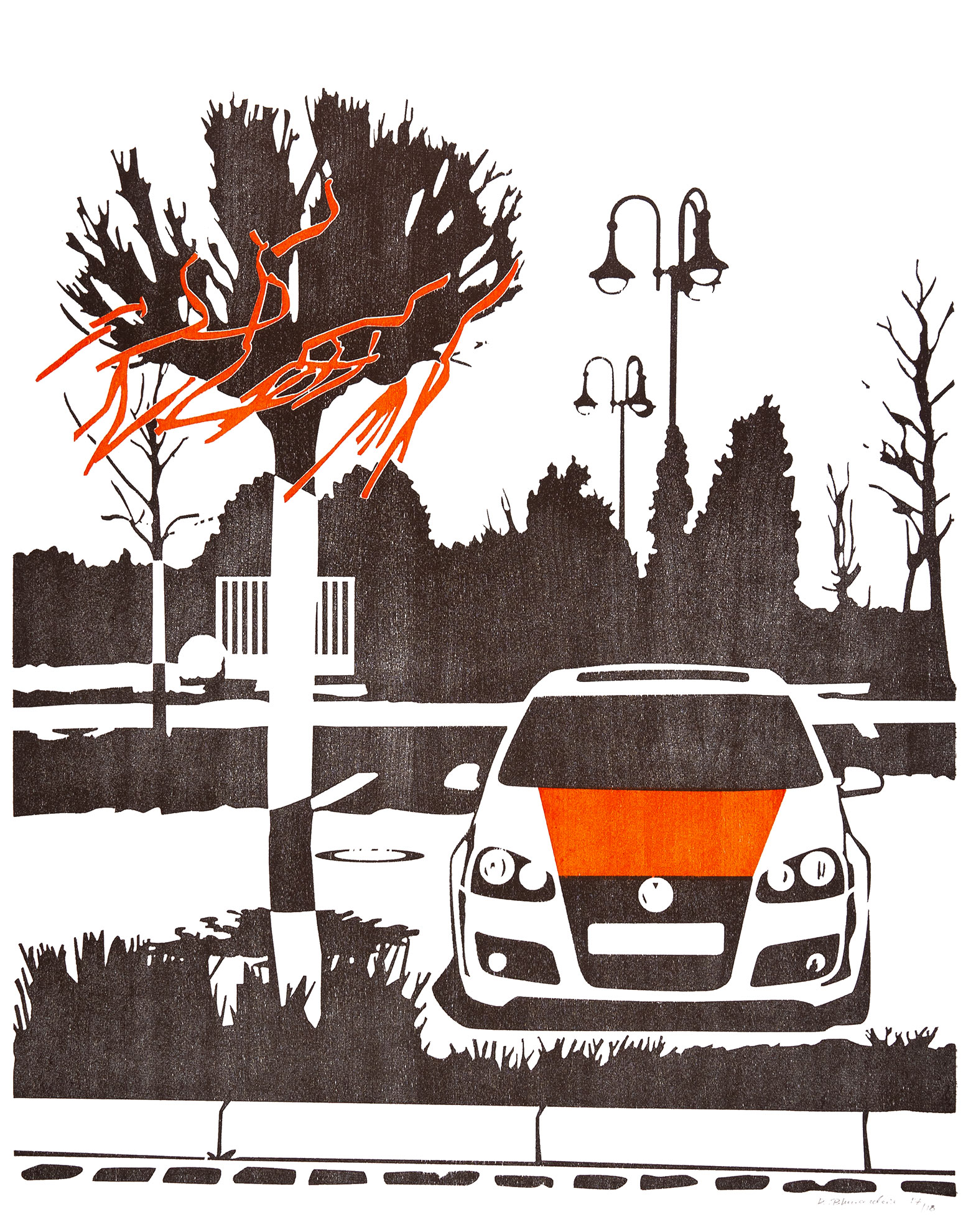 LKW, Zweifarbiger Holzschnitt 80 x 120 cm, gedruckt auf 250 gr/qm Hahnemühle, Auflage: 7 Drucke