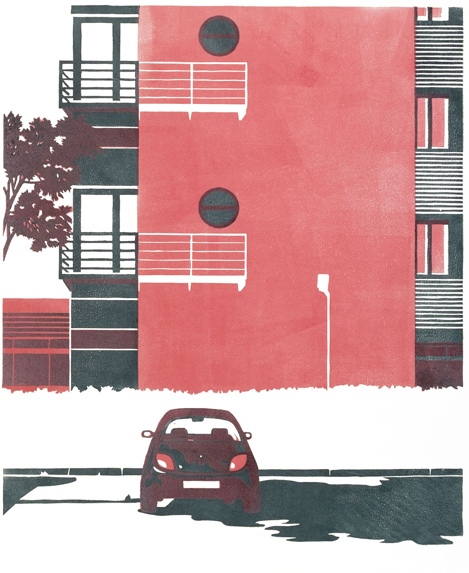 LKW, Zweifarbiger Holzschnitt 80 x 120 cm, gedruckt auf 250 gr/qm Hahnemühle, Auflage: 7 Drucke